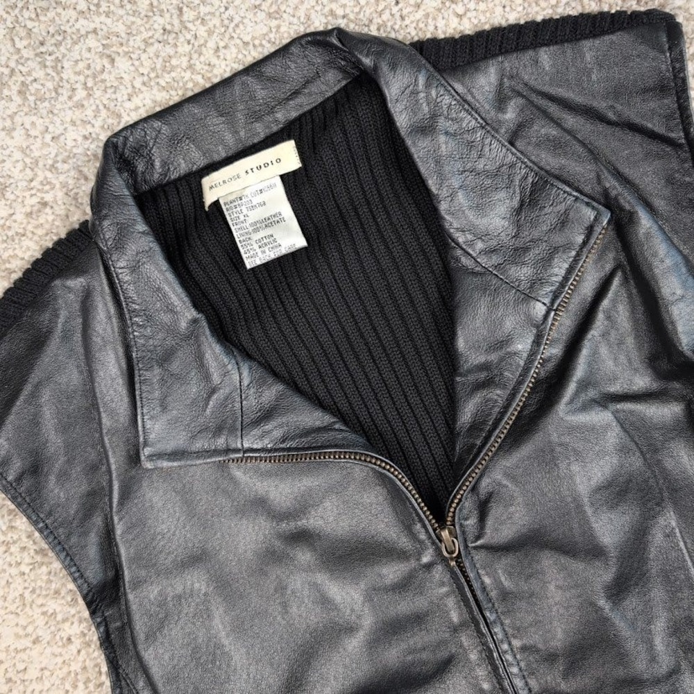 Melrose Studio Leather Knit Vest Womens XL Black Sleeveless‎ Zip Up